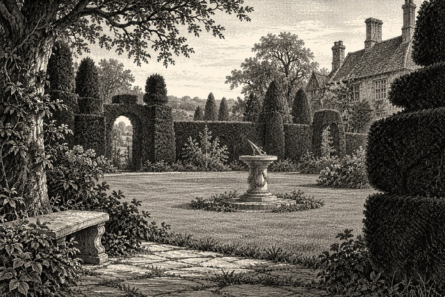 A gravel path and stone sundial stand among the hedges in the garden at Birlstone. AI-generated nineteenth-century engraving-style plate.
