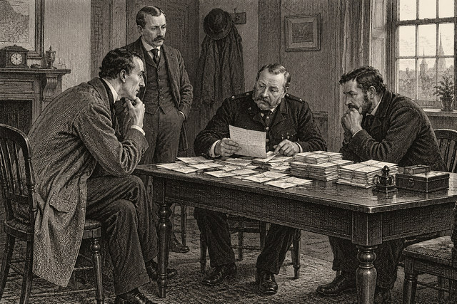 Holmes and the detectives examine case papers together around a table. AI-generated nineteenth-century engraving-style plate.