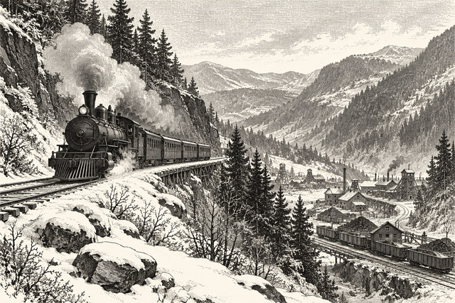 A steam train winds through a snowy mountain valley above a mining settlement. AI-generated nineteenth-century engraving-style plate.