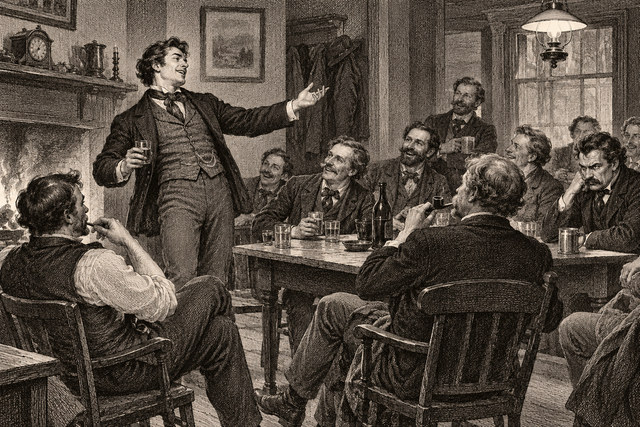 A man addresses a crowded gathering in a smoky tavern room. AI-generated nineteenth-century engraving-style plate.