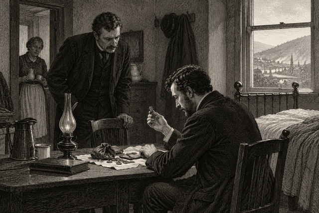 A standing man watches another examine a small object at a boarding-house table. AI-generated nineteenth-century engraving-style plate.