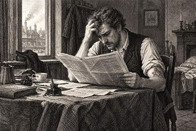 A worried man reads a newspaper beside the window of his room. AI-generated nineteenth-century engraving-style plate.