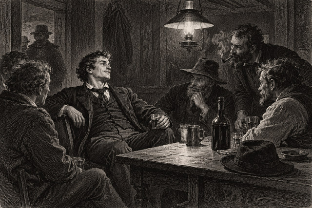 A group of men confers around a tavern table beneath a hanging lamp. AI-generated nineteenth-century engraving-style plate.