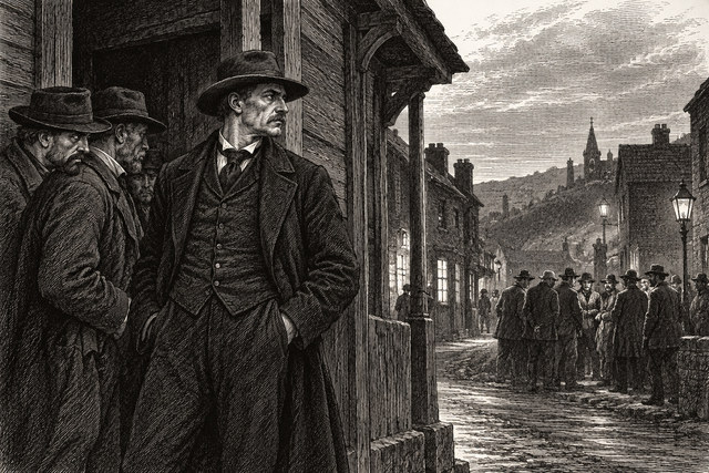 Two men watch a crowd gathering on a wet street in a mining town. AI-generated nineteenth-century engraving-style plate.