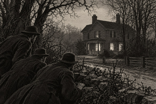 Three men crouch behind a garden wall watching a house in the moonlight. AI-generated nineteenth-century engraving-style plate.