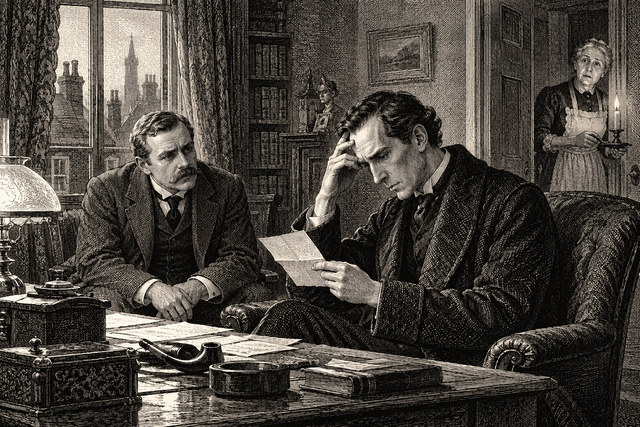 Holmes studies a letter with concern as Watson and a visitor wait beside him. AI-generated nineteenth-century engraving-style plate.