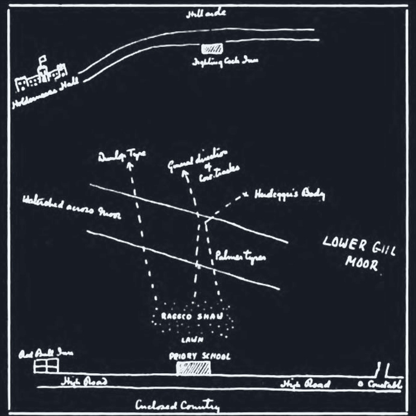 Holmes's rough map of the Priory School and Lower Gill Moor.