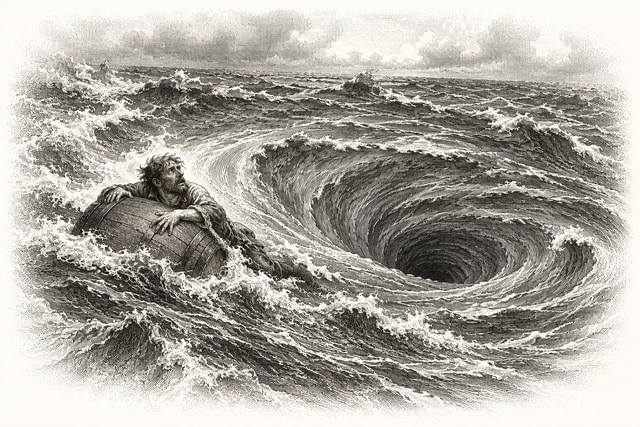 A fisherman clinging to a wooden barrel within a vast spiralling sea whirlpool.