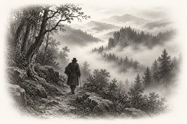 A solitary nineteenth-century traveller walking into mist in wooded Virginia mountains.