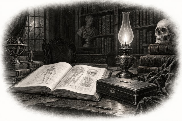 A small closed surgical instrument box beside an open Latin book and an oil lamp in a shadowy library.