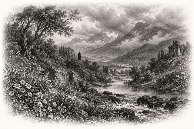 A secluded valley with a winding stream, dense flowers and clouded mountains, a solitary distant figure.