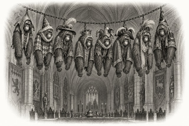 Eight orangutan masquerade costumes suspended together on a chain above a medieval hall.