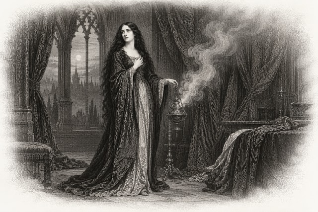 A tall pale dark-haired woman in a richly curtained Gothic chamber with a smoking censer.