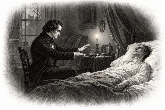 A candlelit nineteenth-century sickroom with a seated mesmerist beside a dying man.