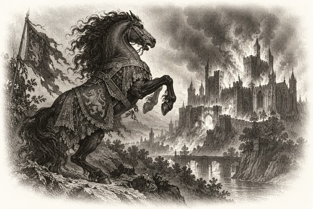A huge dark horse rearing before a burning medieval castle.