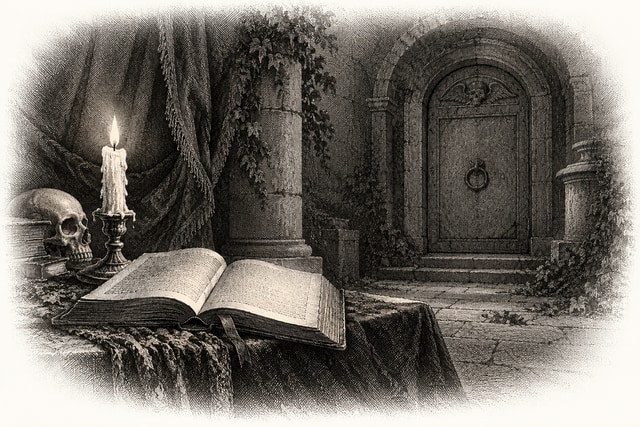An open old book beside a candle and a closed tomb door in the background.
