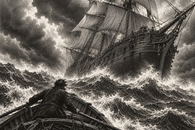 An ancient tall sailing ship towering through black storm waves, seen from a tiny open boat.