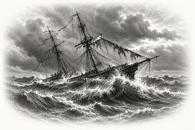 The storm-damaged brig Grampus rolling in heavy seas, its broken rigging above the waves.