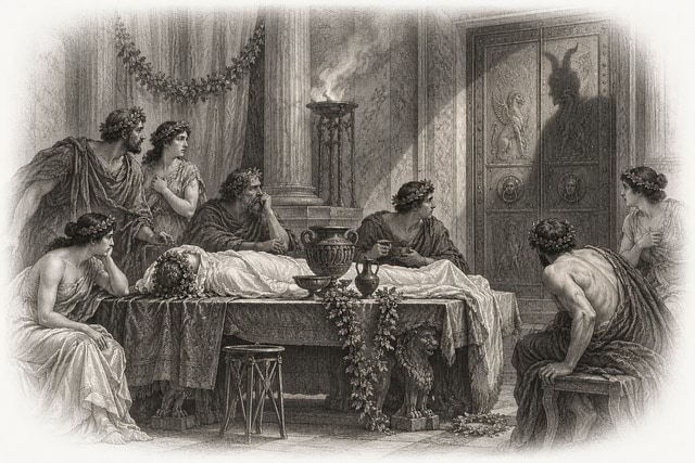 Seven solemn ancient Greek revellers around a table with a shrouded body and a strange shadow upon a bronze door.