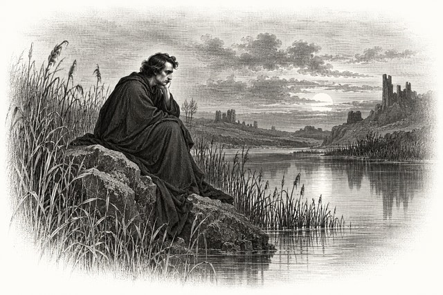 A solitary robed man seated on a rock beside a still river in a desolate landscape of tall reeds.