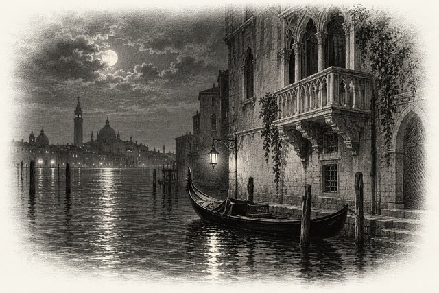 An empty gondola moored beneath a Venetian palace balcony at night, a single lamp on the water.