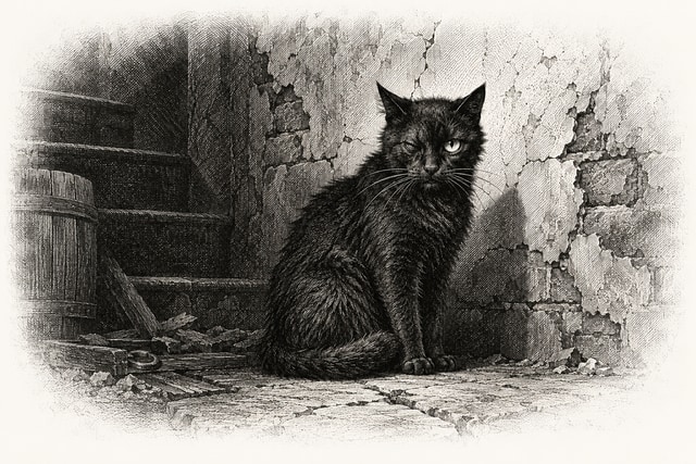 A black cat with one eye sitting before a cracked plaster cellar wall.