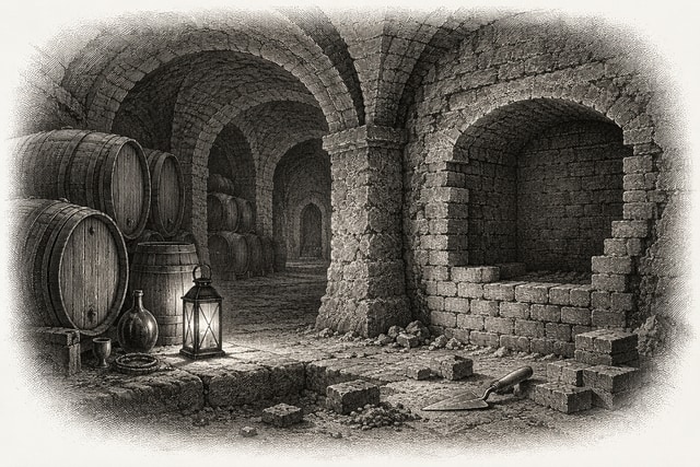 A trowel, a lantern and wine casks in a vaulted catacomb with a partially built brick niche.