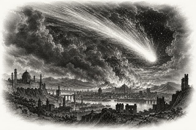 A blazing comet above an ancient-looking city beneath a turbulent night sky.