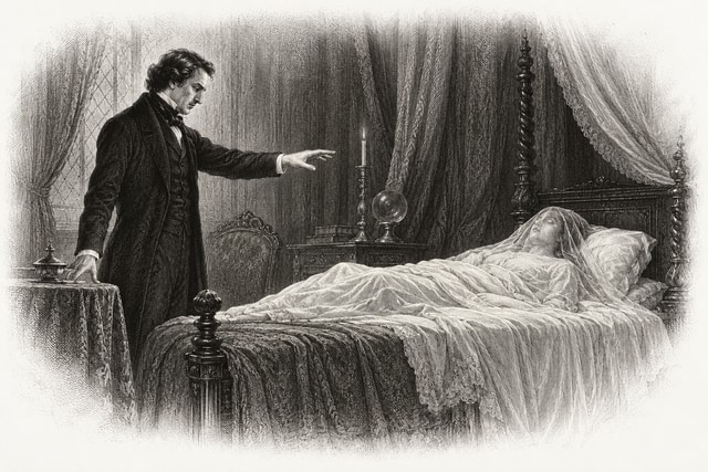 A mesmerist extending a hand beside a shrouded still patient on a nineteenth-century bed.