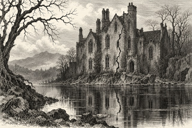 A decaying Gothic mansion with narrow windows reflected in a still dark tarn, a hairline fissure down its facade, bare branches.
