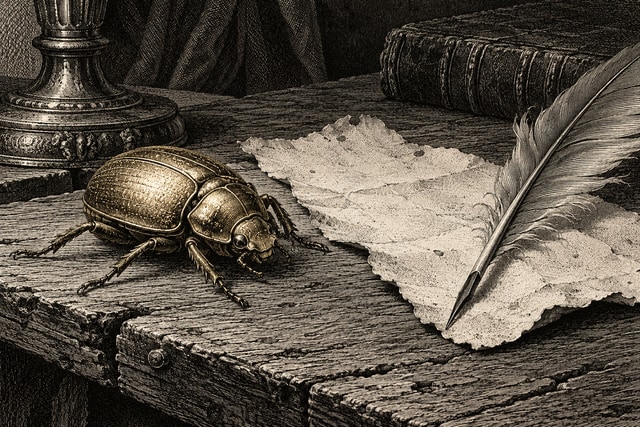 A gold scarab beetle resting beside a scrap of parchment and a quill on a rough wooden table.