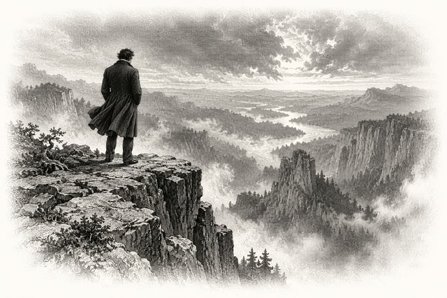 A solitary nineteenth-century man at the edge of a dizzyingly high precipice, seen from behind.