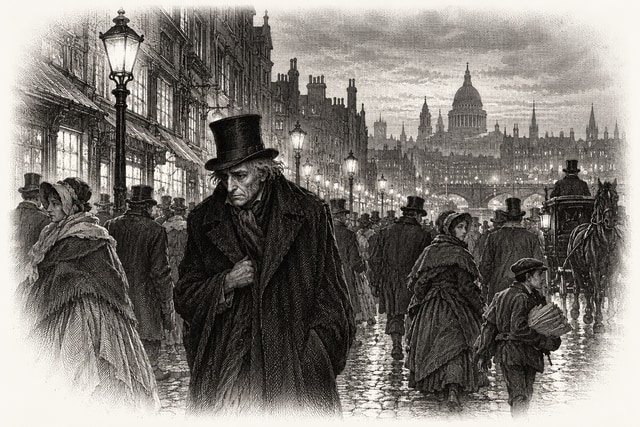 A solitary elderly man moving through a crowded gaslit nineteenth-century London street at dusk.