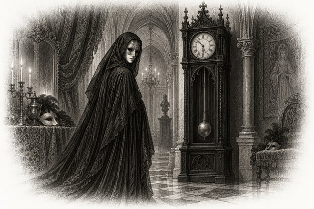 A masked shrouded figure before an ebony pendulum clock in a Gothic masquerade chamber.