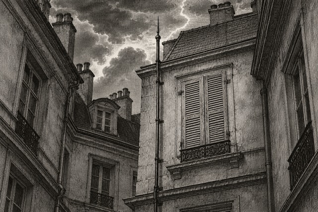 A shuttered fourth-floor Paris window viewed from a narrow nineteenth-century courtyard, a lightning rod alongside it.