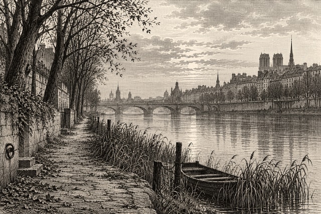 An empty nineteenth-century riverside path beside the Seine with reeds, a small boat and distant Paris rooftops.