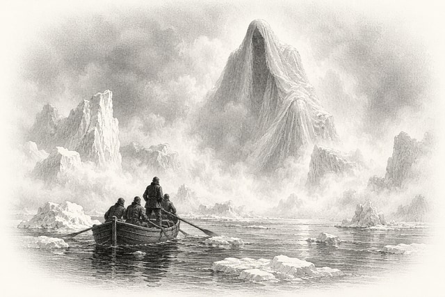 A small open boat approaching an immense pale shrouded figure in Antarctic mist and falling white vapour.