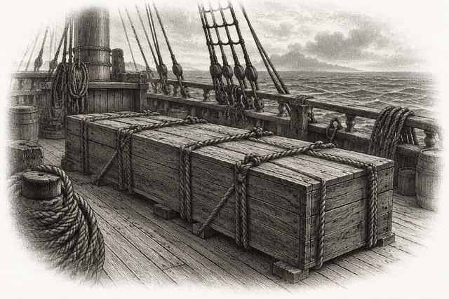 A long sealed wooden shipping box secured with ropes on a nineteenth-century sailing ship deck.