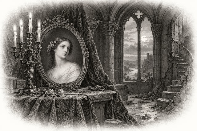 An ornate oval portrait of a young woman beside a candelabrum in an abandoned turret chamber.