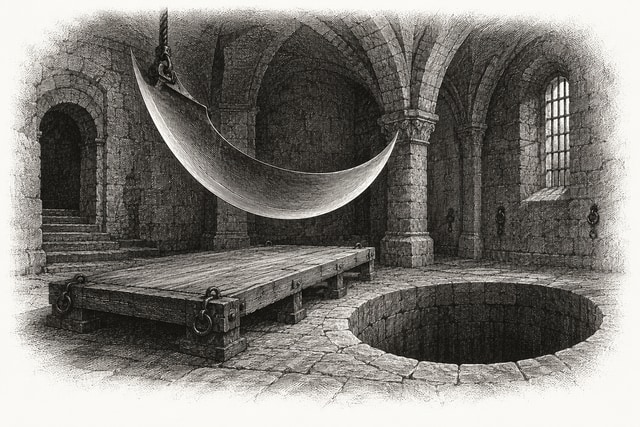 A huge crescent steel pendulum above a wooden platform in a stone dungeon, a circular pit nearby.
