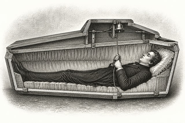 The interior of a nineteenth-century safety coffin with bell cord, shown as a detailed cutaway encyclopedia engraving.