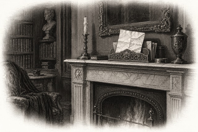 A crumpled folded letter prominently displayed in a card rack over a nineteenth-century fireplace.
