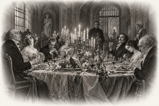 An extravagant candlelit dinner table in a nineteenth-century French asylum, eccentric formally dressed diners.