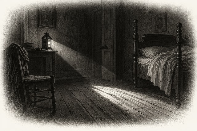 A narrow beam from a shuttered lantern falling across an old wooden bedroom floor at night.