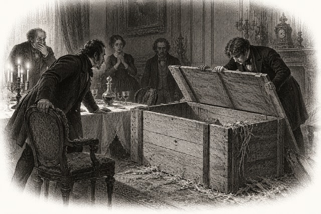 A large wine shipping crate open in a nineteenth-century dining room, startled onlookers in shadow.