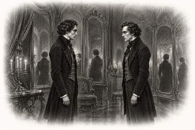 Two identically dressed nineteenth-century men facing each other in a dim mirror-lined chamber.